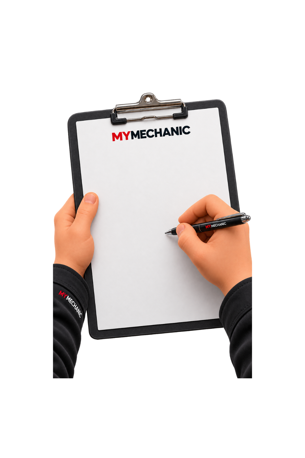 Mekaniker som fyller ut sjekkliste på en MyMechanic-clipboard